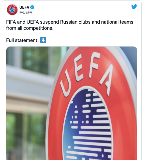 Lee más sobre el artículo UEFA Y FIFA SUSPENDEN A SELECCIONES Y CLUBES RUSOS DE TODAS LAS COMPETENCIAS.